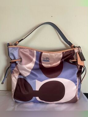 Coach Multicolor Satin Shoulder Bag in Blue, Lavender, Cream & Brown